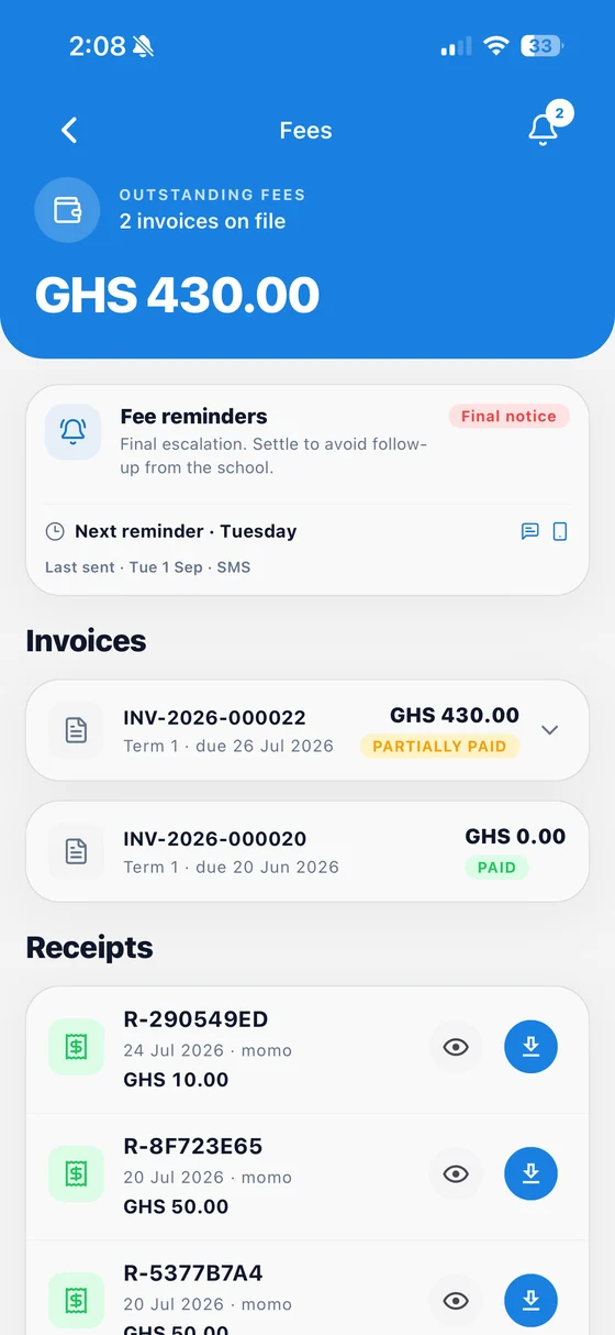 The ClassAddmin app showing GHS 430 outstanding, invoices, fee reminders and mobile money receipts.