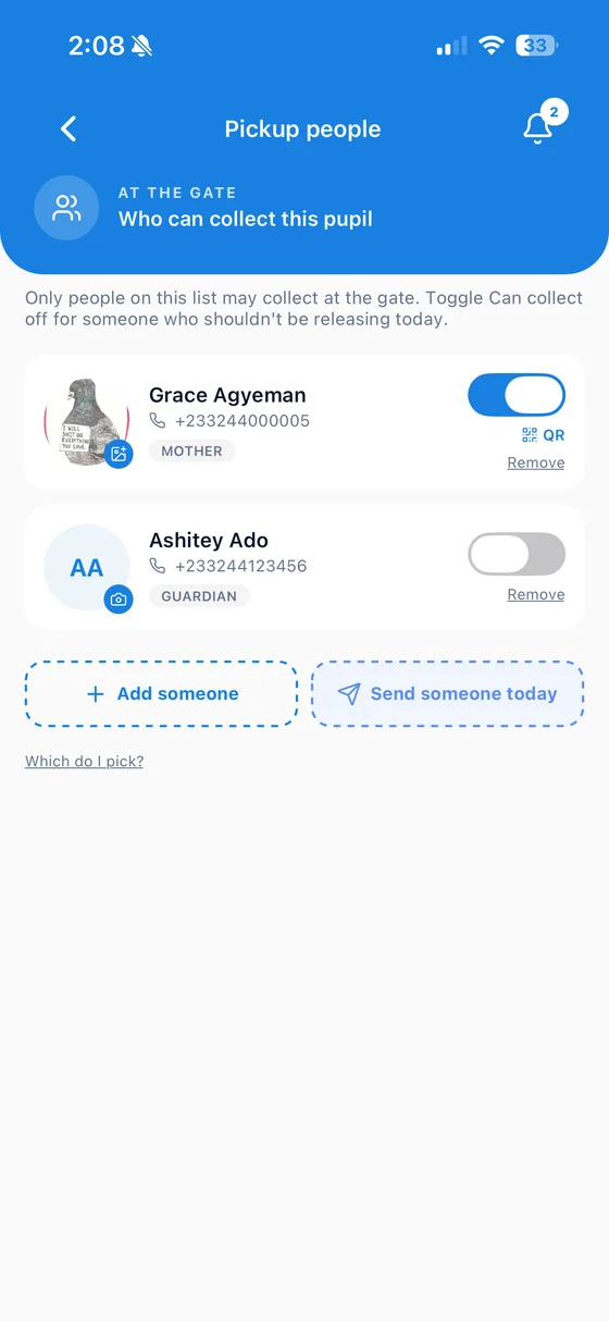 The ClassAddmin app showing who is cleared to collect a pupil at the gate, with a QR pass.