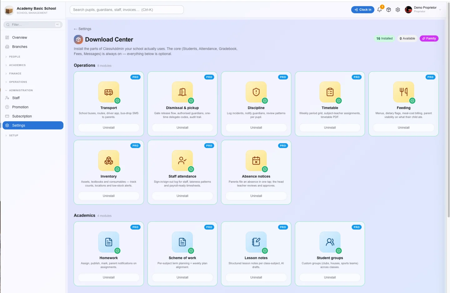 The ClassAddmin dashboard showing the module catalogue — transport, dismissal, discipline, timetable, feeding and more.