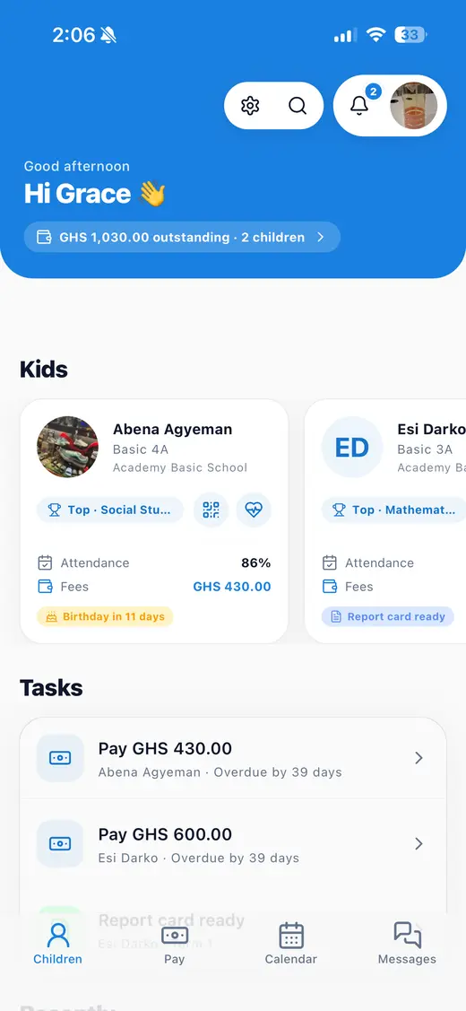 The parent app showing two children, their attendance and fees, and outstanding balances ready to pay by mobile money.